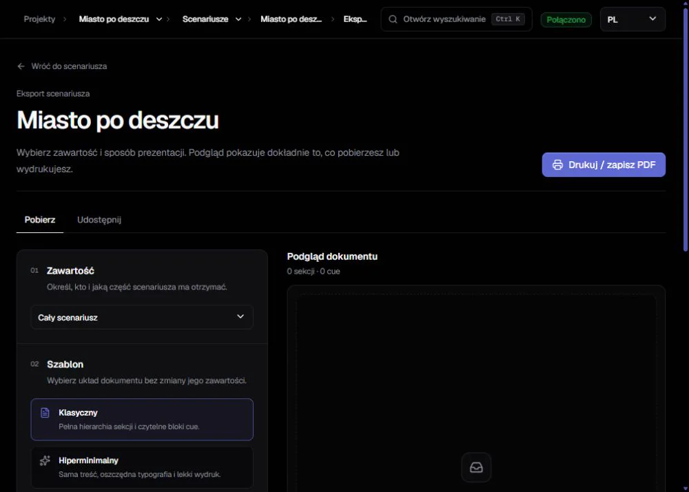 Ustawienia eksportu i udostępniania scenariusza Arthoff